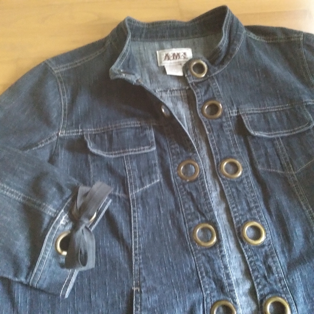 A.M.I. Blue Denim Jean Jacket Grommet Ribbon Detail XL